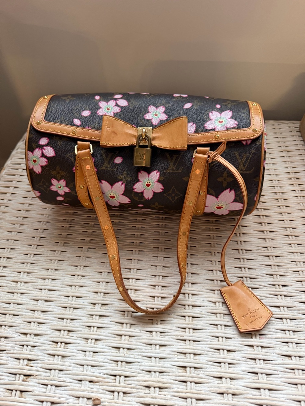 Rare Louis Vuitton Brown Monogram Cherry Blossom Print Bow Barrel Bag